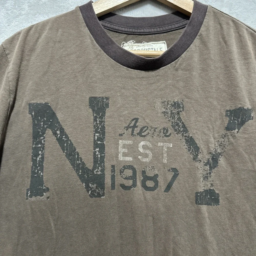 Aeropostale 1987 NY Graphic T Shirt Men's‎ L Brown Short Sleeve Ribbed Crewneck